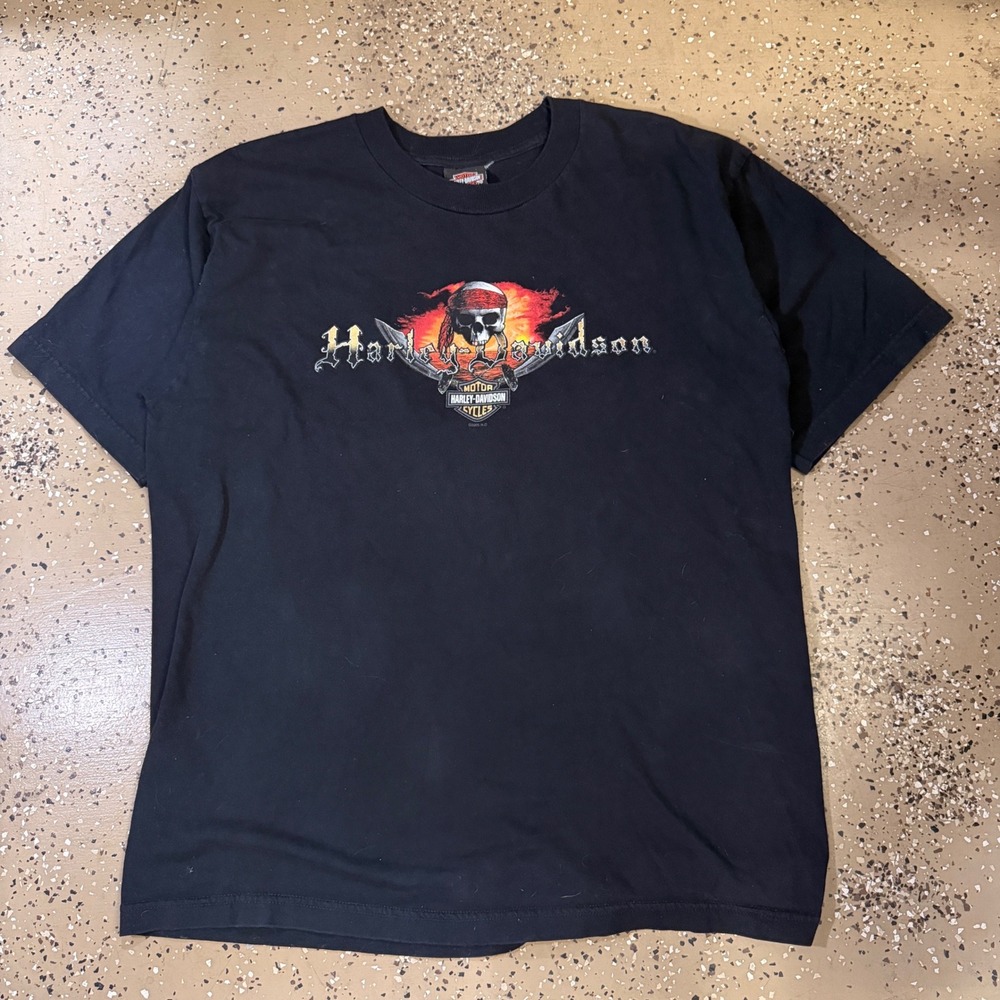 Harley Davidson T-Shirt Mens XL Black Excellent 2005 Pirate Skull Flames Pierre